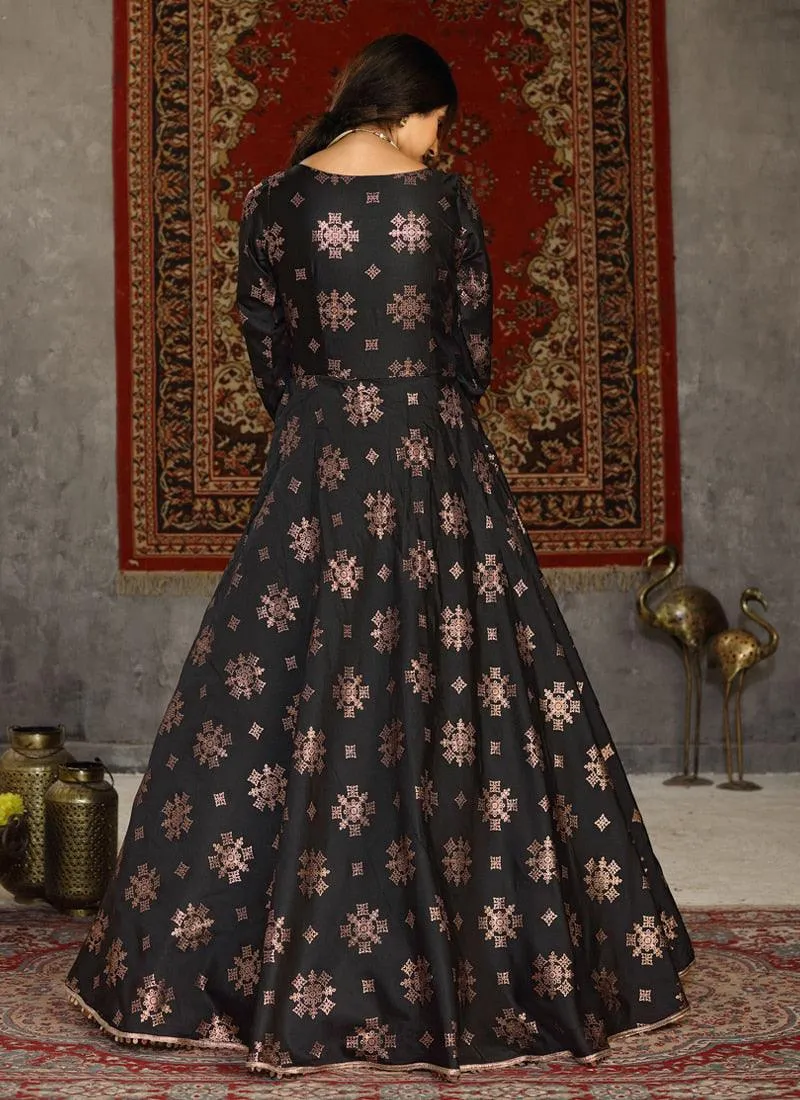 Amazing Black Color Taffeta Silk Fabric Printed Designer Gown