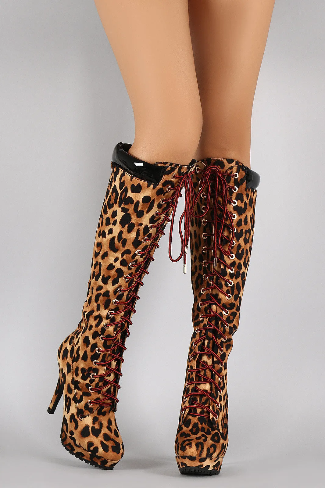 Bamboo Leopard Combat Lace Up Stiletto Platform Boots