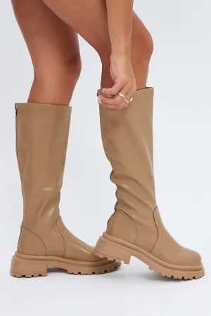 Beige Chunky Knee High Boots