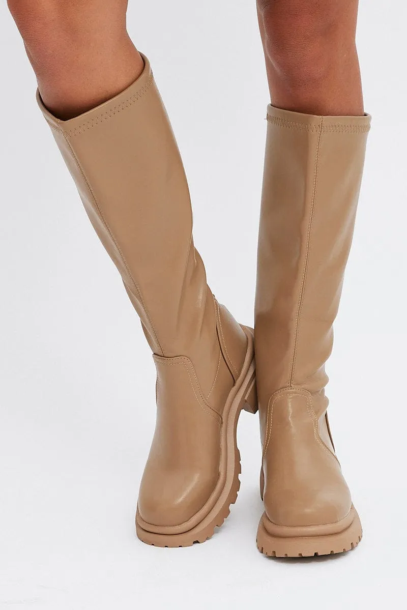 Beige Chunky Knee High Boots