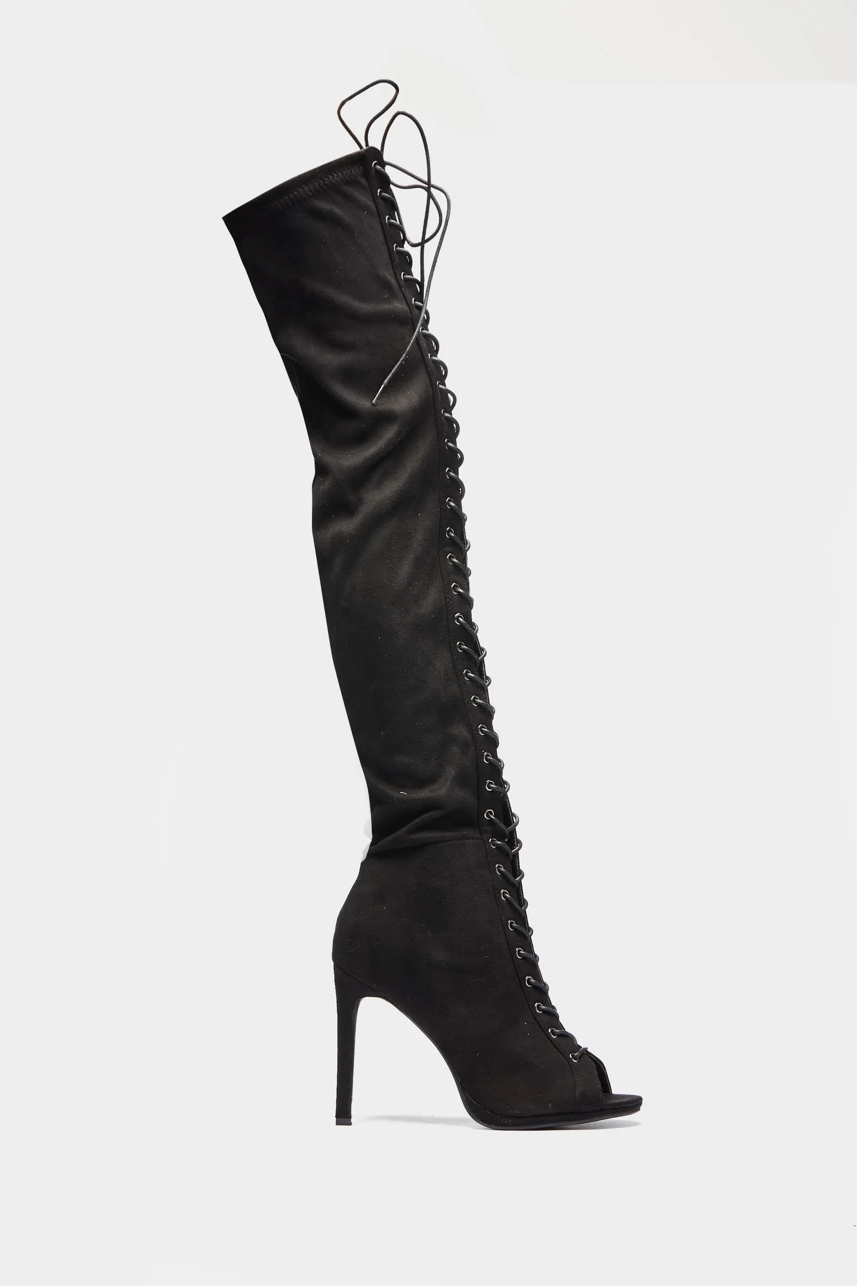 Black Lace Up Peep Toe Boot