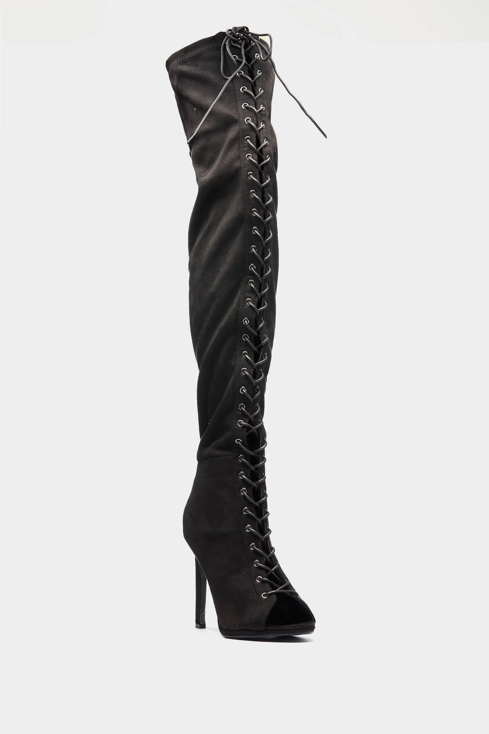 Black Lace Up Peep Toe Boot