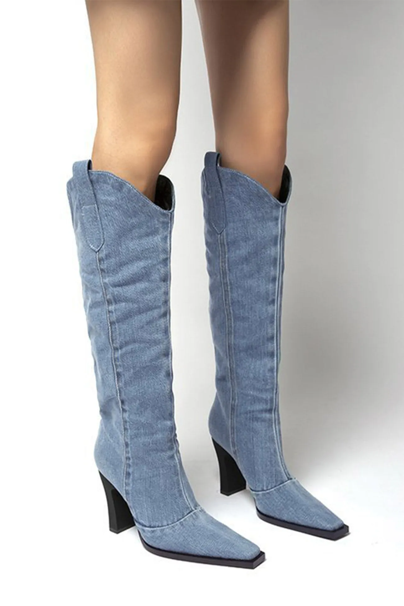 Blue Pointed-Toe Knee-High Denim Boots