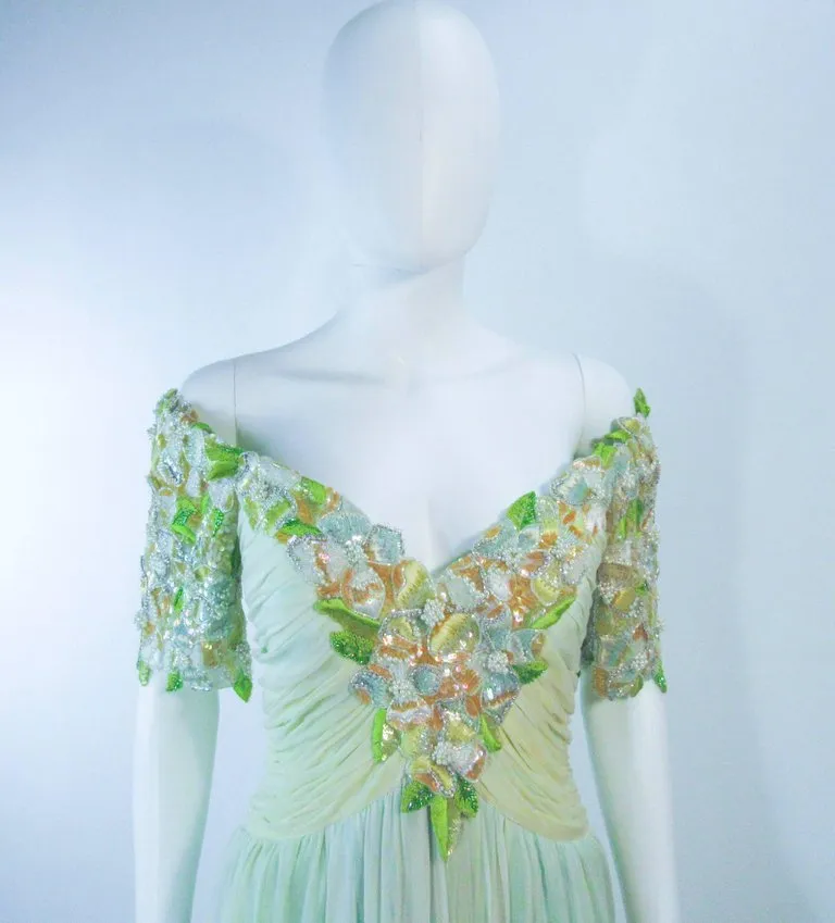 BOB MACKIE Circa 1980s Green Chiffon Floral Gown