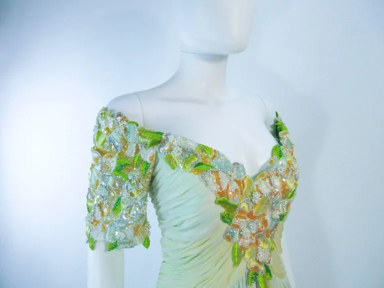 BOB MACKIE Circa 1980s Green Chiffon Floral Gown