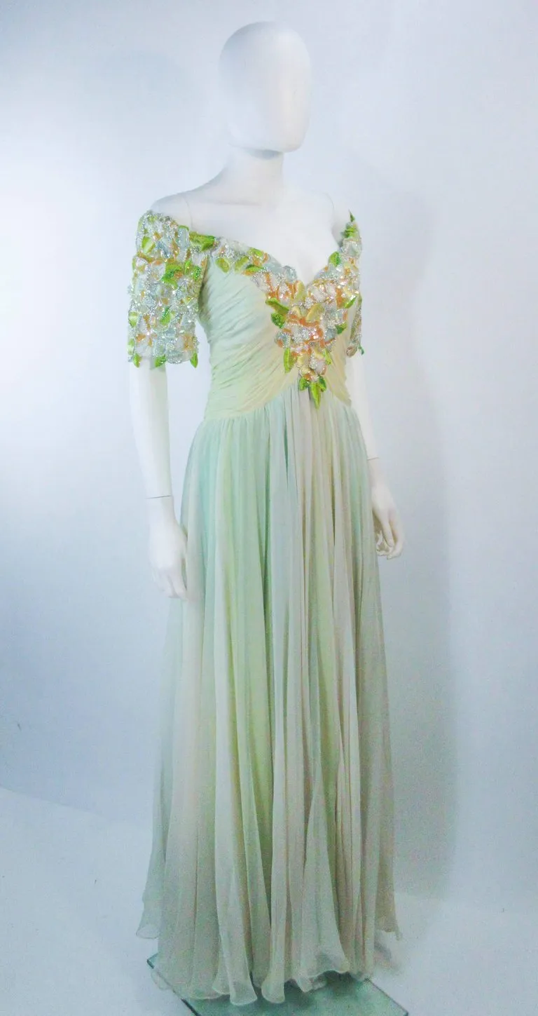 BOB MACKIE Circa 1980s Green Chiffon Floral Gown