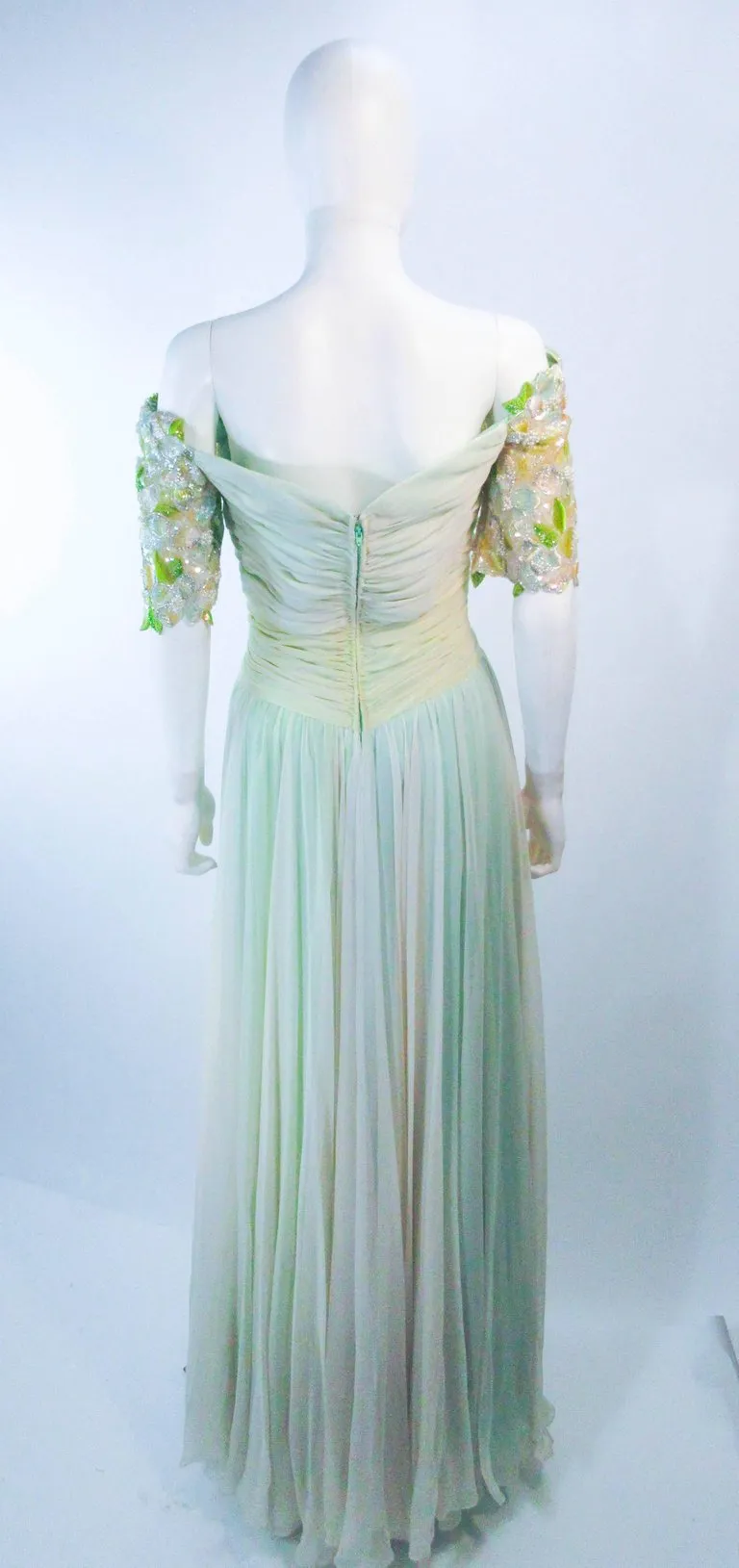 BOB MACKIE Circa 1980s Green Chiffon Floral Gown