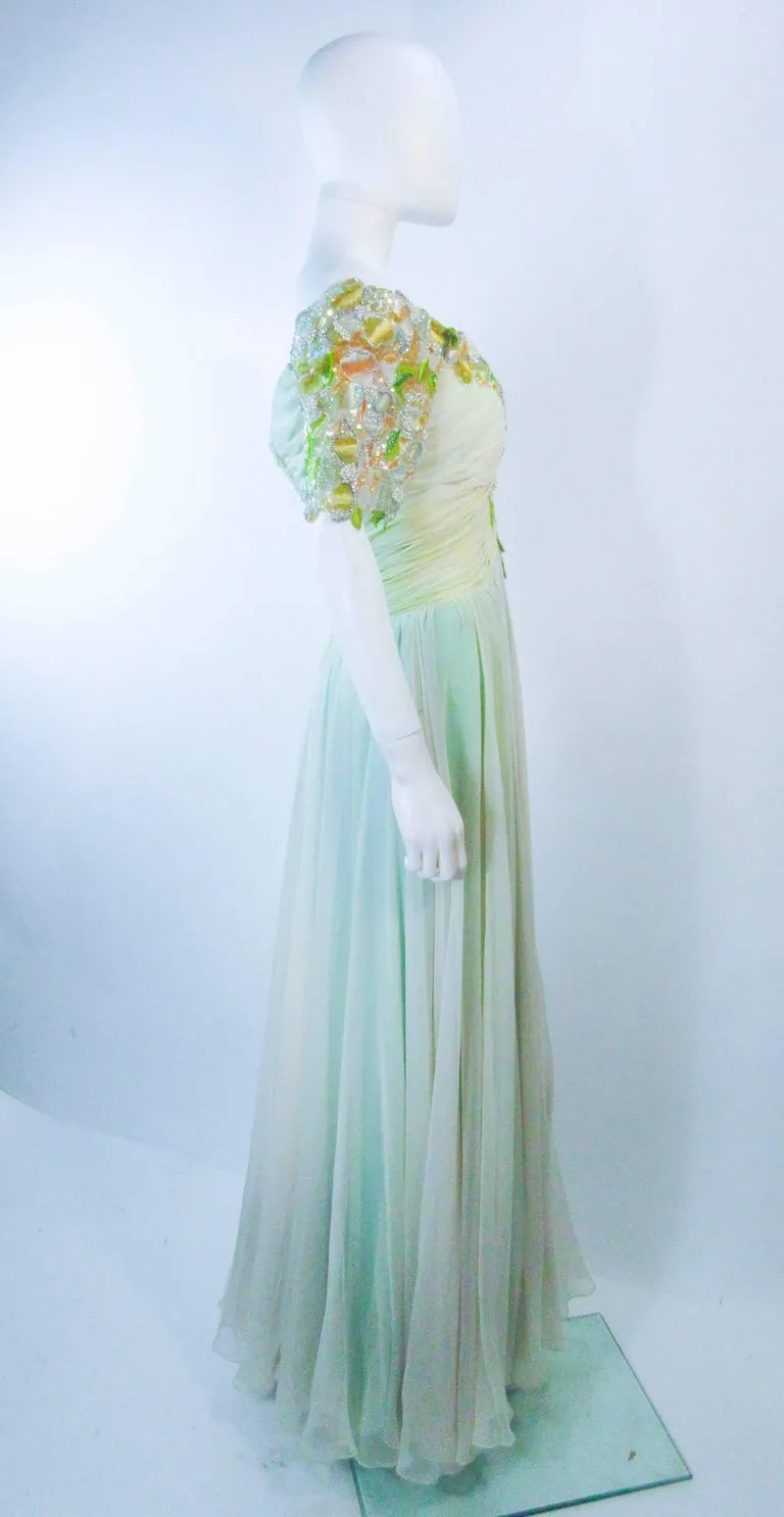 BOB MACKIE Circa 1980s Green Chiffon Floral Gown