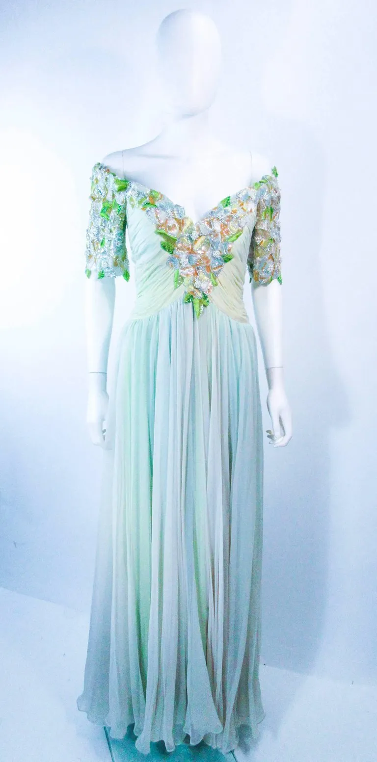 BOB MACKIE Circa 1980s Green Chiffon Floral Gown