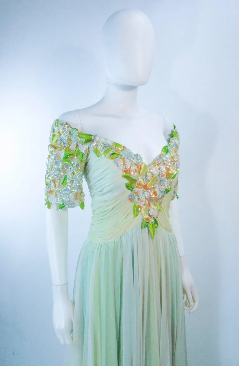 BOB MACKIE Circa 1980s Green Chiffon Floral Gown