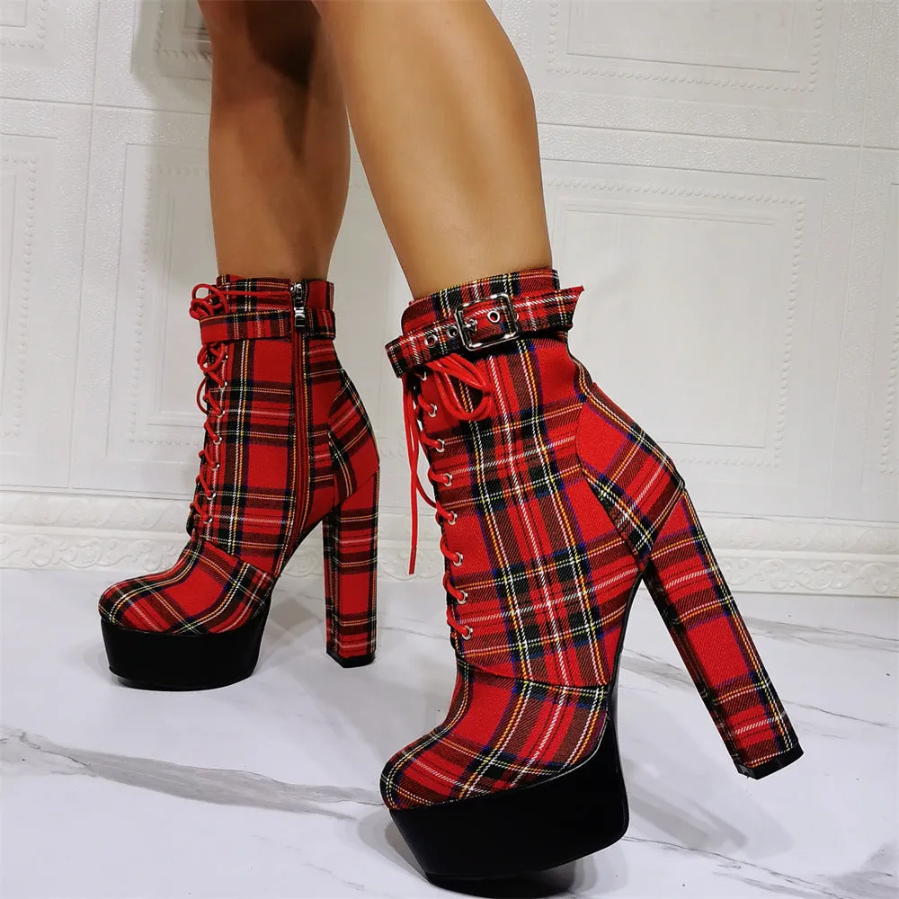 Chunky Heel Plaid Ankle Boots