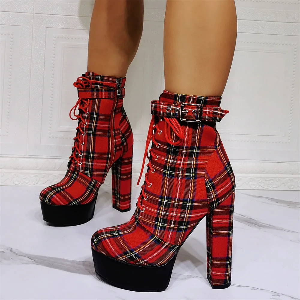 Chunky Heel Plaid Ankle Boots