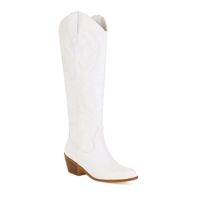 Classic Embroidered Knee High Round Toe Cuban Heel Western Boots - White