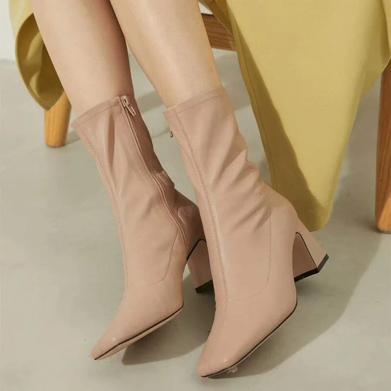 Classic Sheepskin Slimming Boots Elegant Glove-Like Ankle Boots High Heel Side Zipper Boots