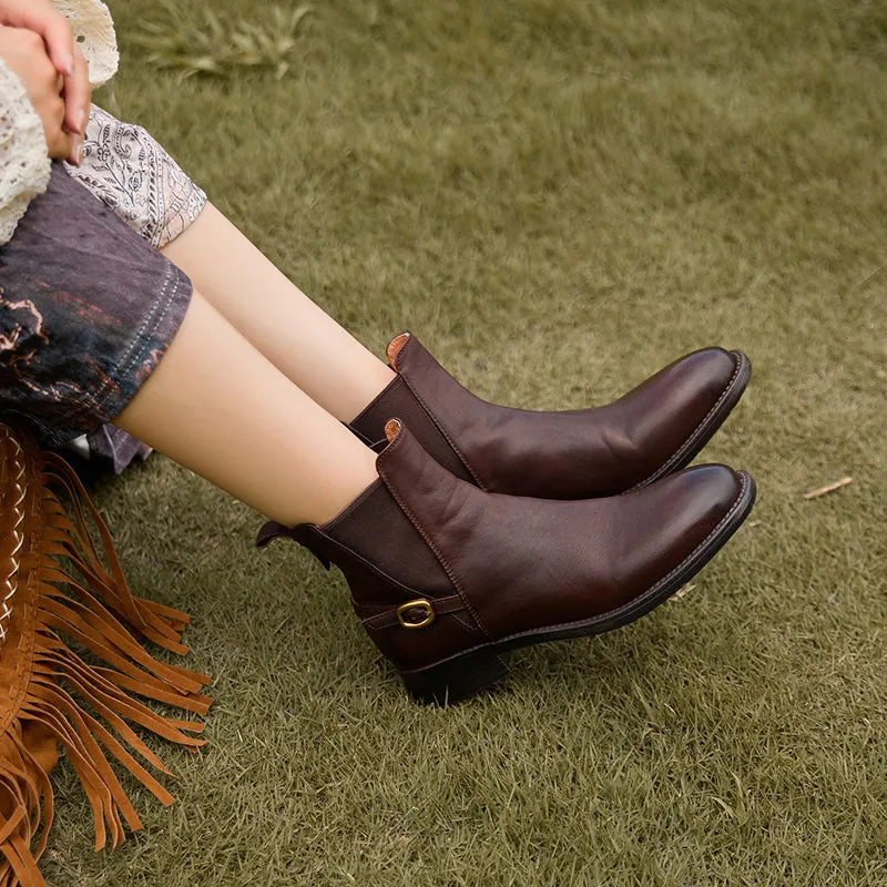 Classic Western Ankle Booties Low Heel Handmade Chelsea Boots with Metal Buckle Accent