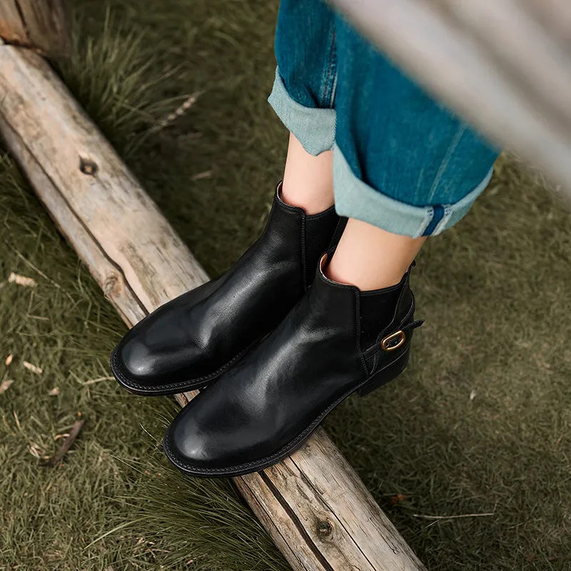 Classic Western Ankle Booties Low Heel Handmade Chelsea Boots with Metal Buckle Accent