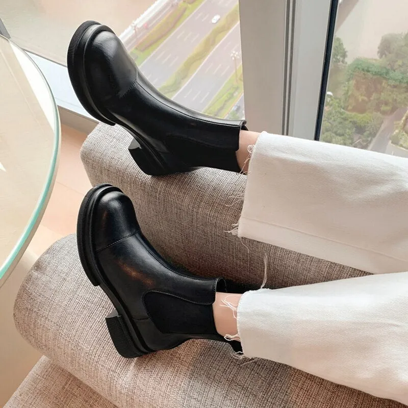 deanwangkt Autumn Boots     NEW Fall/Winter Shoes Women Split Leather Ankle Boots Round Toe Chunky Shoes for Women Solid Chelsea Boots Leisure Black Boots