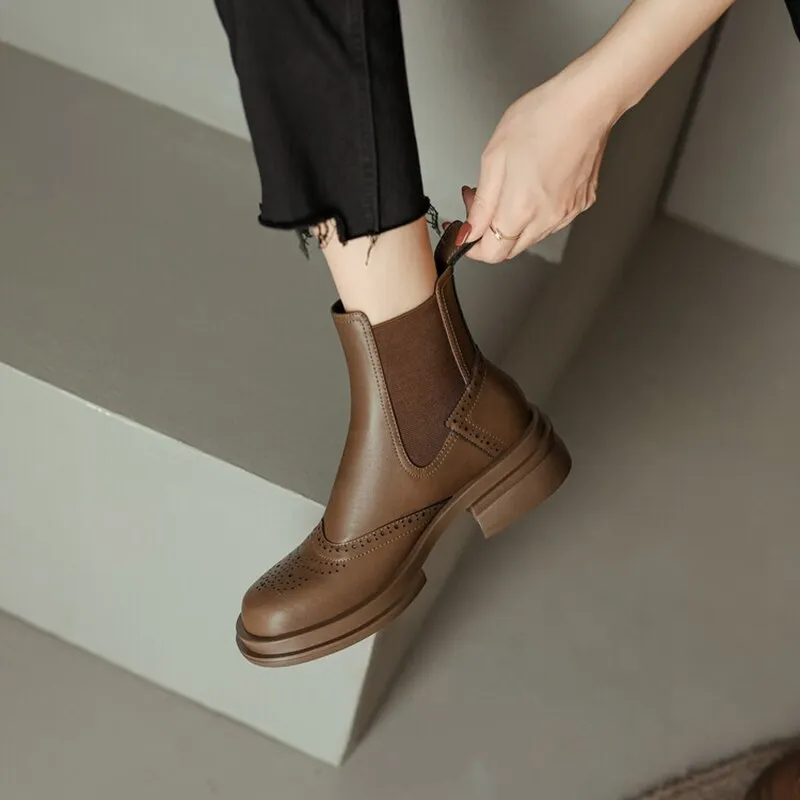 deanwangkt Autumn Boots  Women Shoes Round Toe Chelsea Boots for Women Split Leather Brogues Winter Chunky Heel Ankle Boots Black Motorcycle Boots