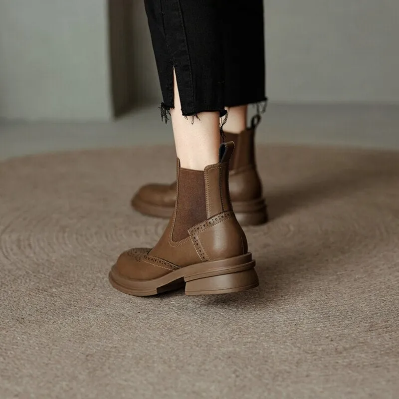 deanwangkt Autumn Boots  Women Shoes Round Toe Chelsea Boots for Women Split Leather Brogues Winter Chunky Heel Ankle Boots Black Motorcycle Boots