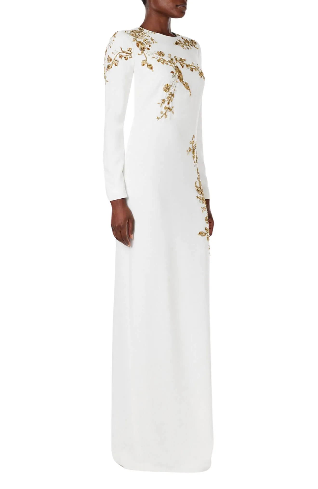 Embroidered Long Sleeve Column Gown