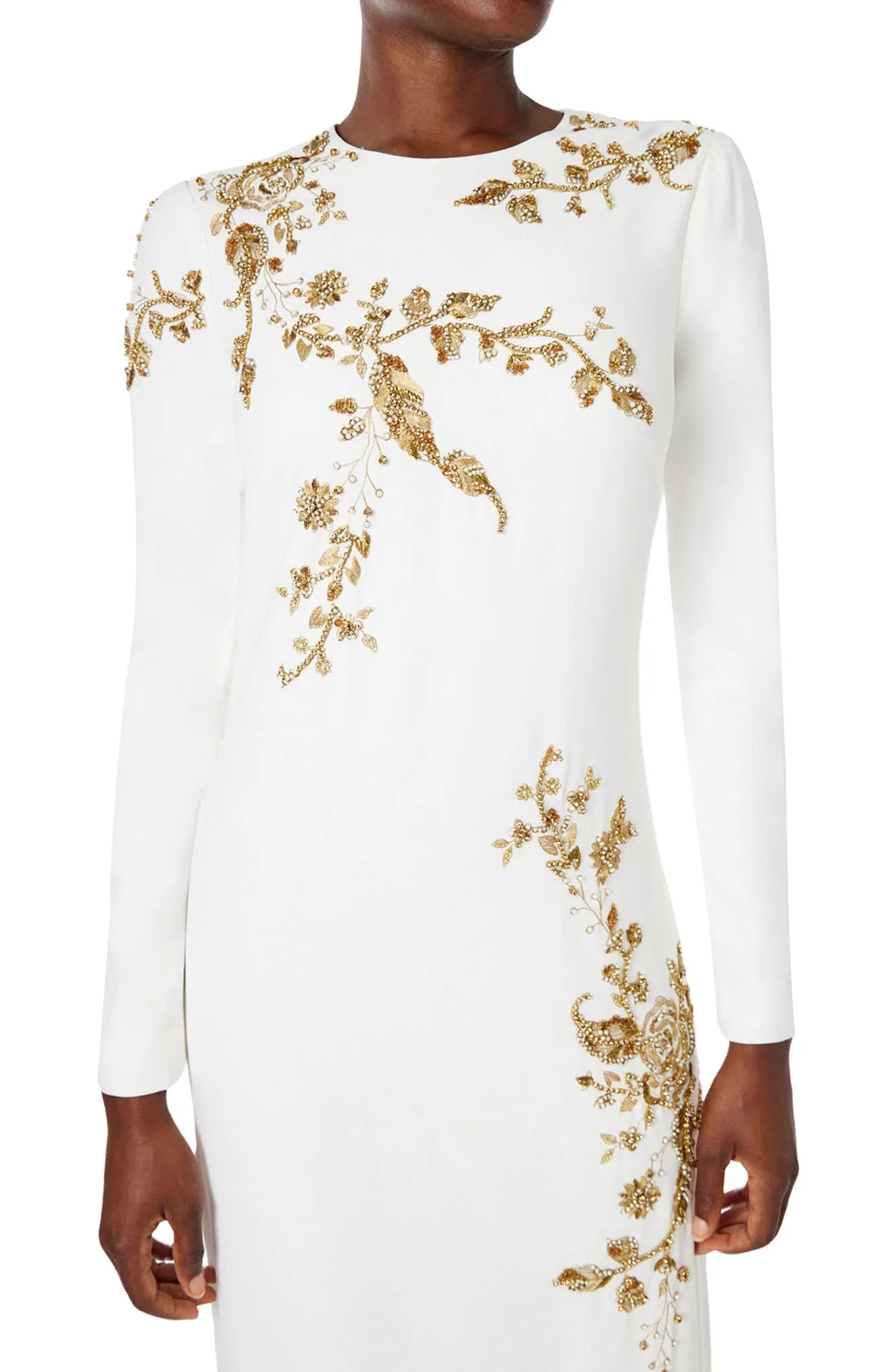 Embroidered Long Sleeve Column Gown