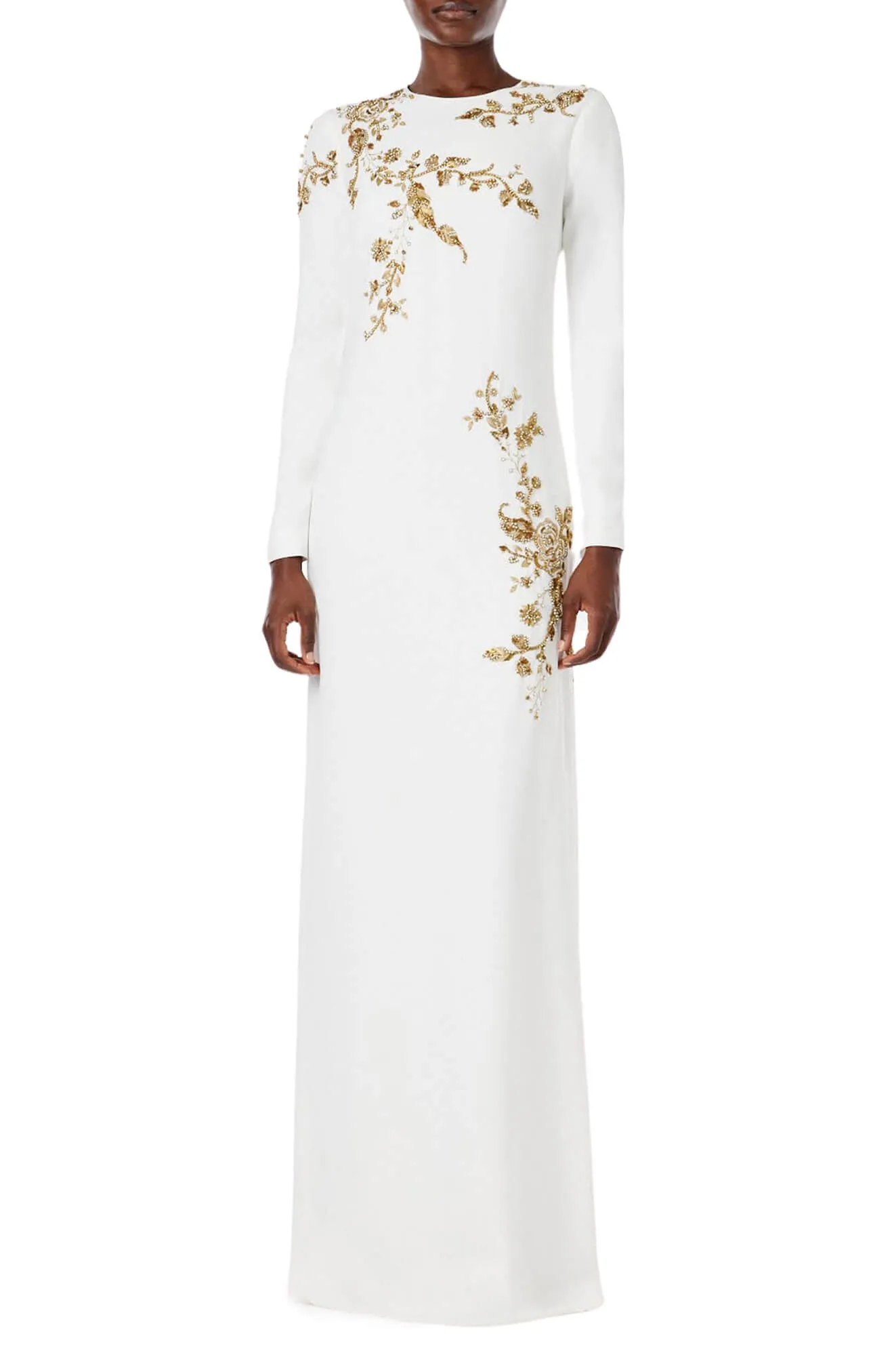 Embroidered Long Sleeve Column Gown