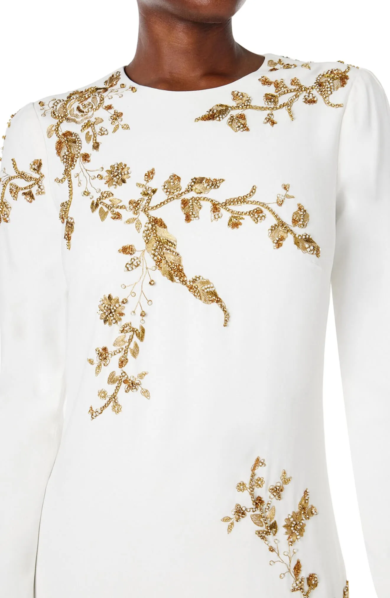 Embroidered Long Sleeve Column Gown