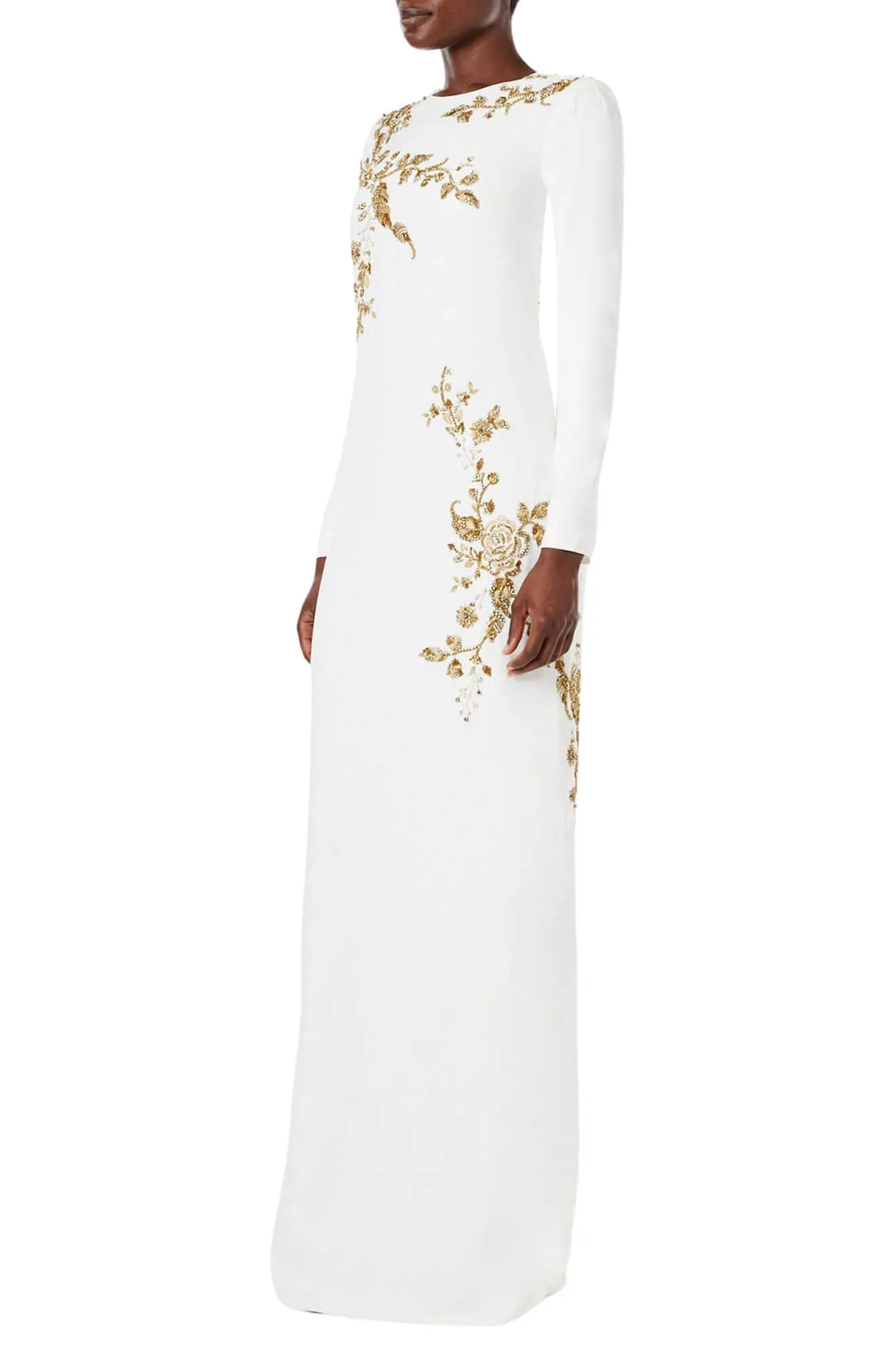 Embroidered Long Sleeve Column Gown