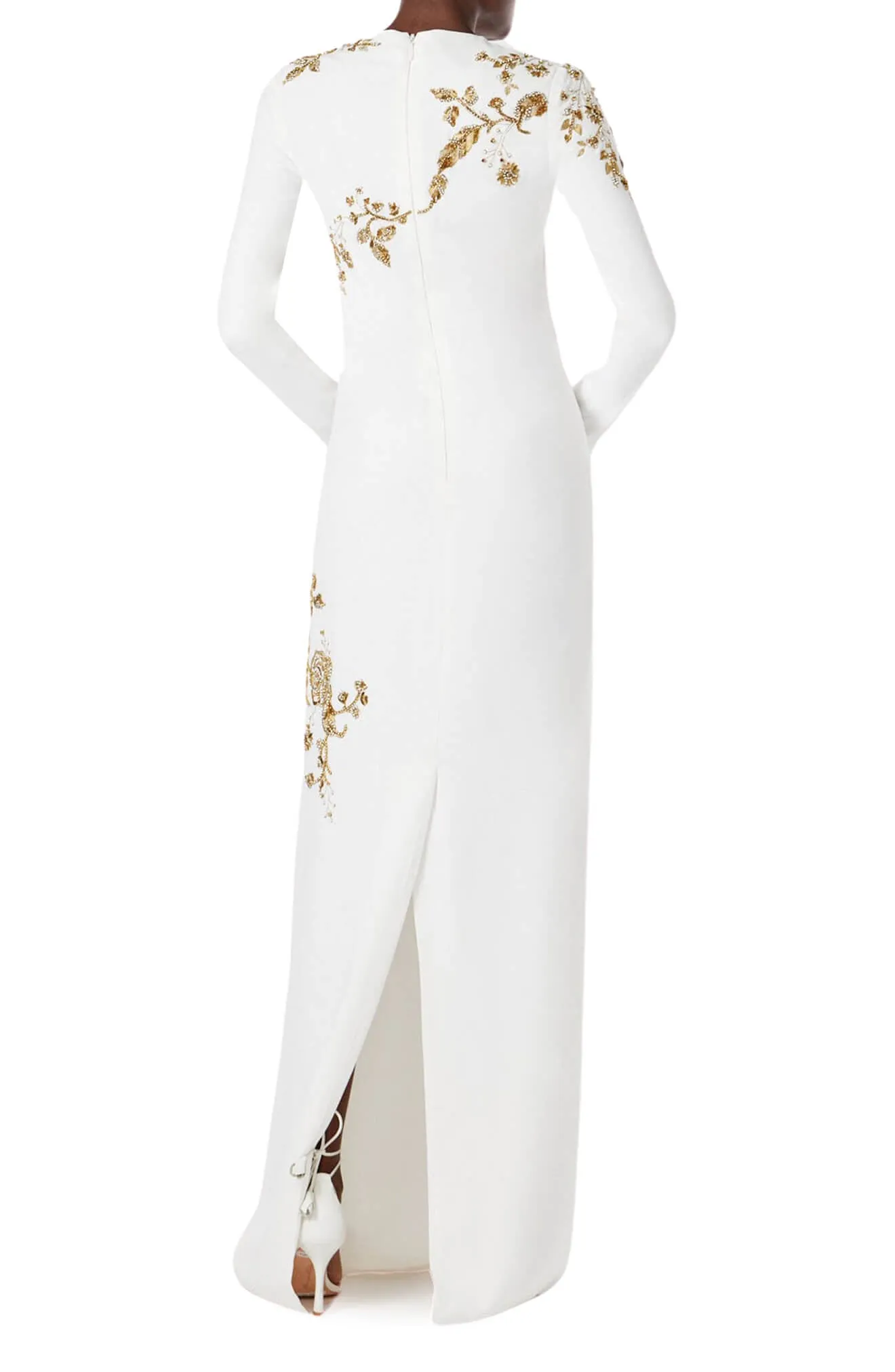 Embroidered Long Sleeve Column Gown