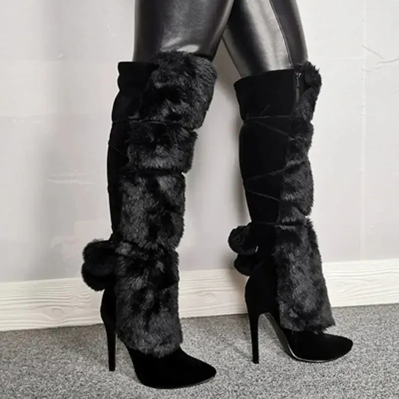 fashion fox fur botas cow suede leather over the knee long winter snow