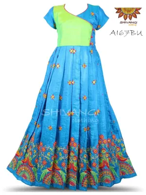 Girls Blue Embroidery parrot Long Gown