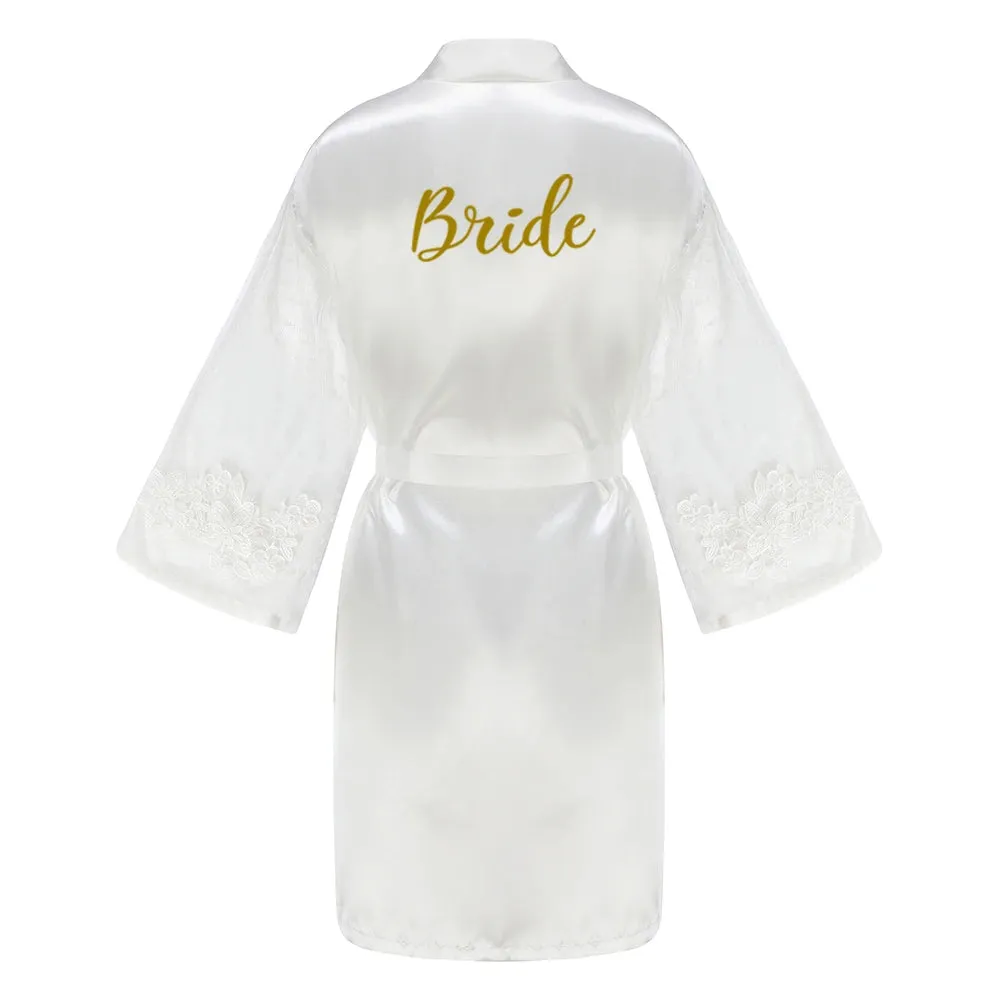 Green Bridesmaid Wedding Party Team Bride Robe With Gold Letters Lace Mesh Sleeve Kimono Satin Pajamas Mother Bathrobe