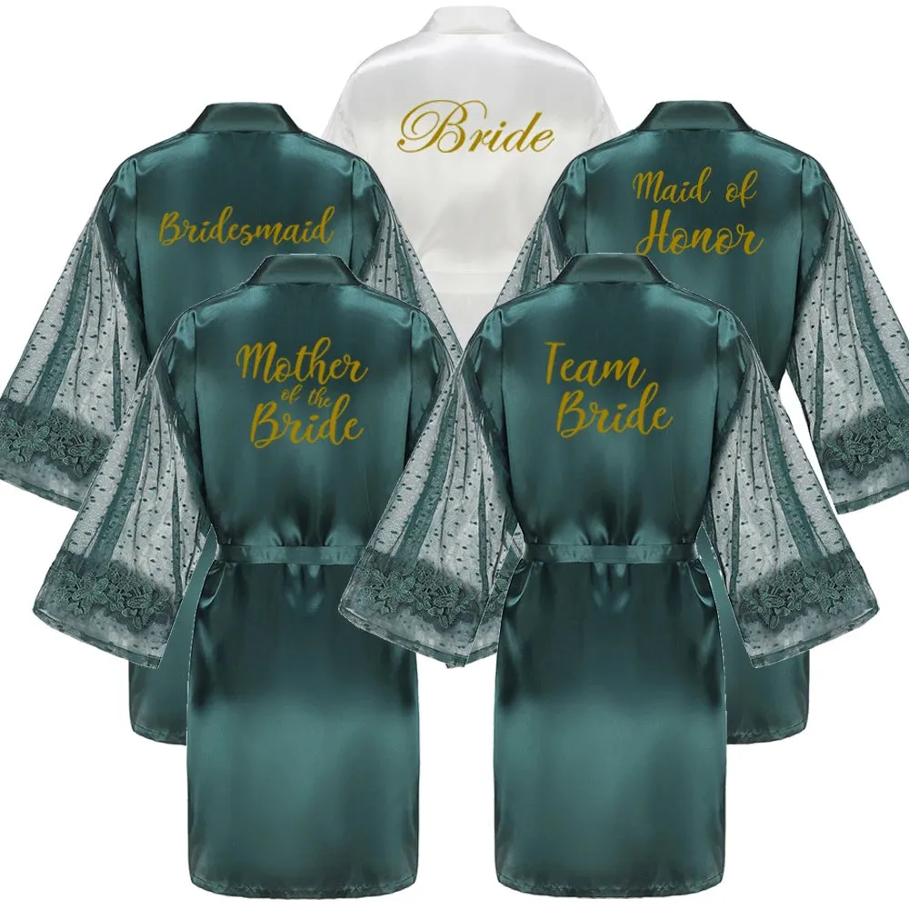 Green Bridesmaid Wedding Party Team Bride Robe With Gold Letters Lace Mesh Sleeve Kimono Satin Pajamas Mother Bathrobe