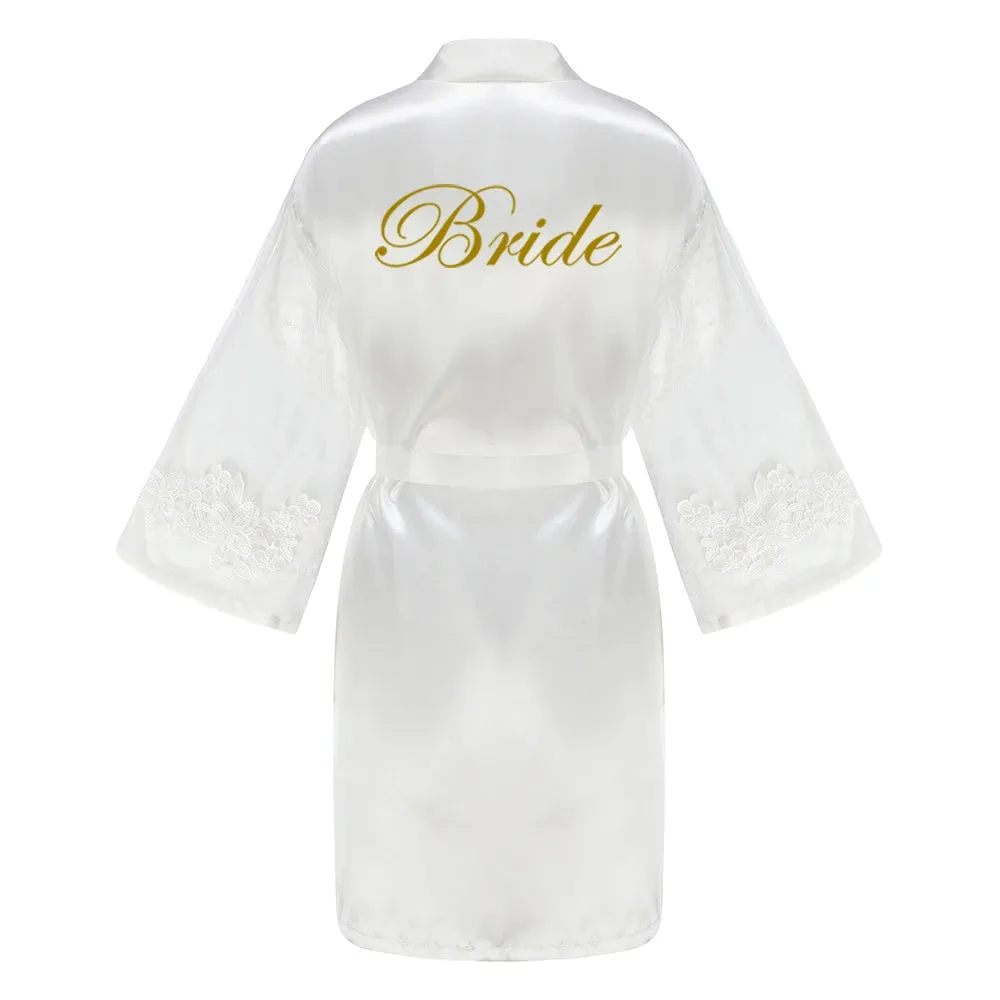 Green Bridesmaid Wedding Party Team Bride Robe With Gold Letters Lace Mesh Sleeve Kimono Satin Pajamas Mother Bathrobe