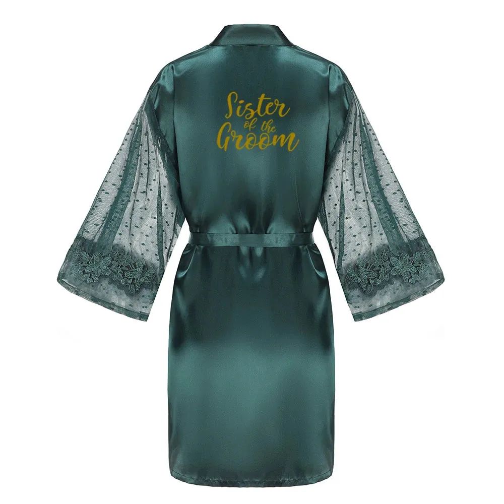 Green Bridesmaid Wedding Party Team Bride Robe With Gold Letters Lace Mesh Sleeve Kimono Satin Pajamas Mother Bathrobe