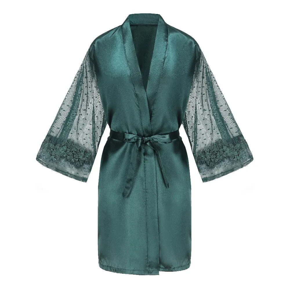 Green Bridesmaid Wedding Party Team Bride Robe With Gold Letters Lace Mesh Sleeve Kimono Satin Pajamas Mother Bathrobe