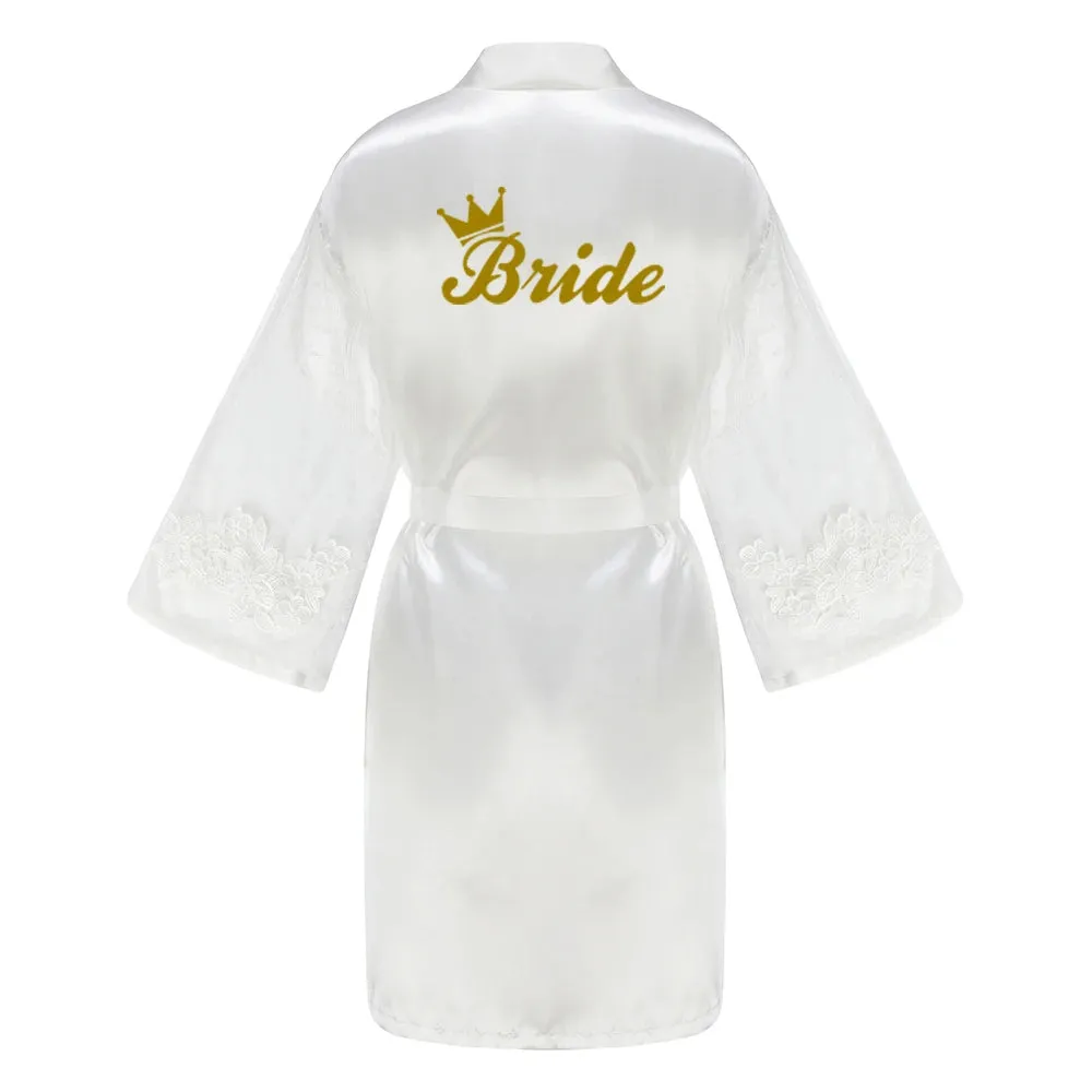 Green Bridesmaid Wedding Party Team Bride Robe With Gold Letters Lace Mesh Sleeve Kimono Satin Pajamas Mother Bathrobe