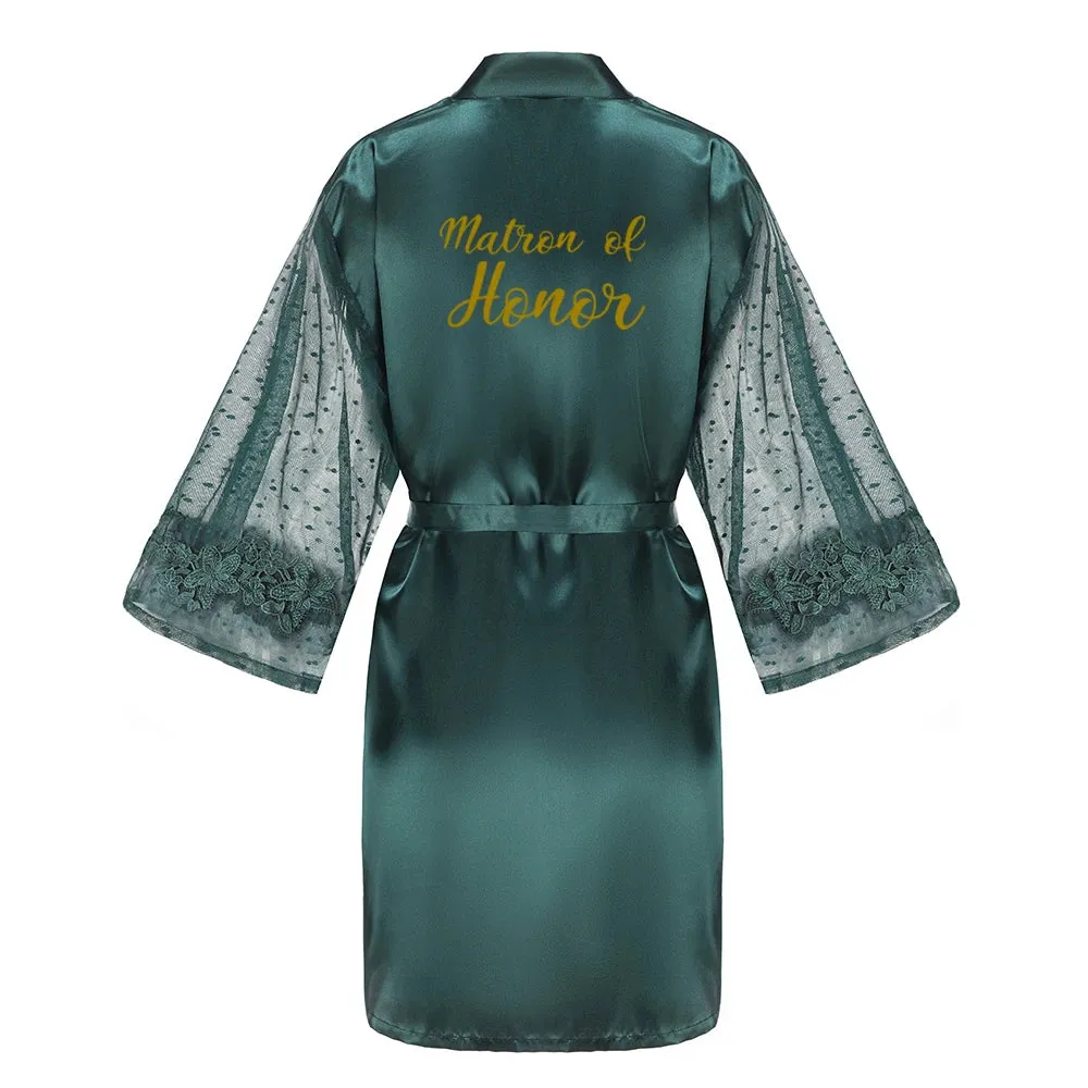 Green Bridesmaid Wedding Party Team Bride Robe With Gold Letters Lace Mesh Sleeve Kimono Satin Pajamas Mother Bathrobe