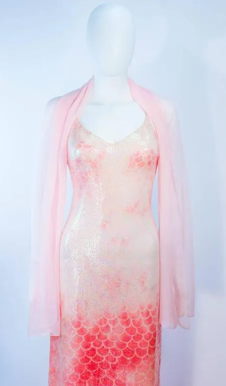 HALSTON 1970s Sequin Peach Patterned Gown Wrap Size 2