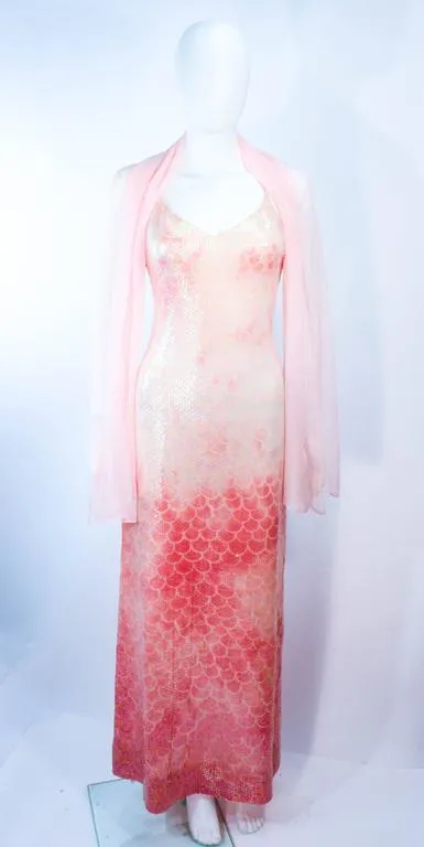 HALSTON 1970s Sequin Peach Patterned Gown Wrap Size 2