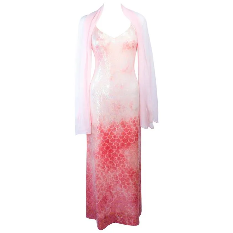 HALSTON 1970s Sequin Peach Patterned Gown Wrap Size 2