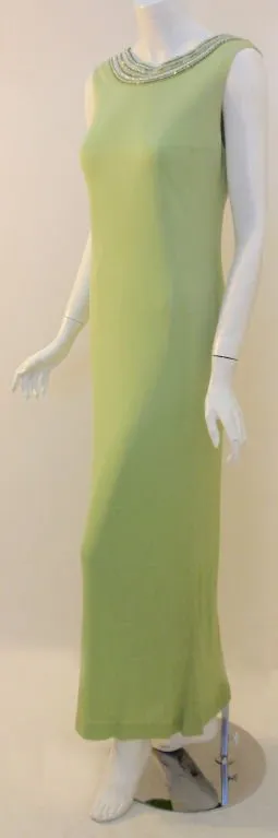 HELEN ROSE 1960s Green Silk Jersey Gown, Beaded Neckline