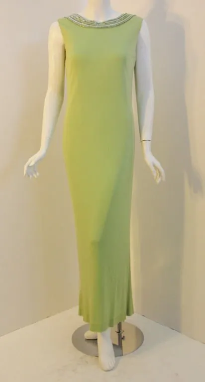 HELEN ROSE 1960s Green Silk Jersey Gown, Beaded Neckline