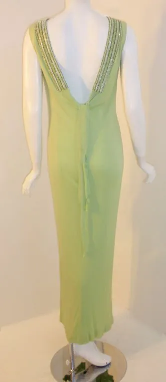 HELEN ROSE 1960s Green Silk Jersey Gown, Beaded Neckline