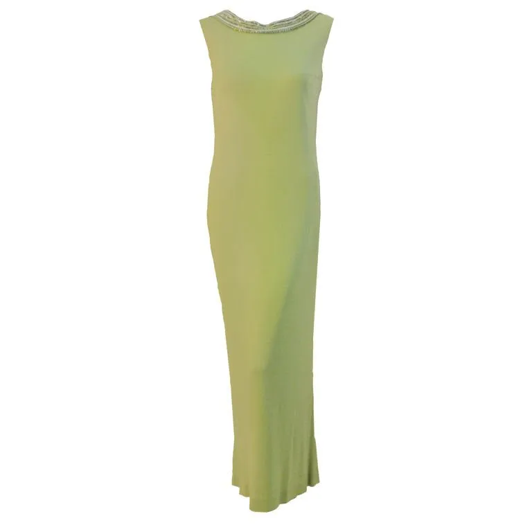 HELEN ROSE 1960s Green Silk Jersey Gown, Beaded Neckline