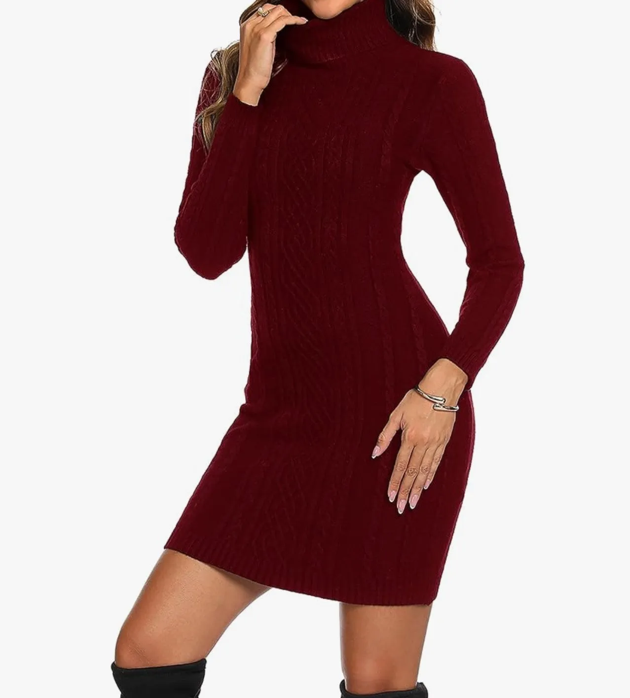 Knitted Turtleneck Dress in Wine Red