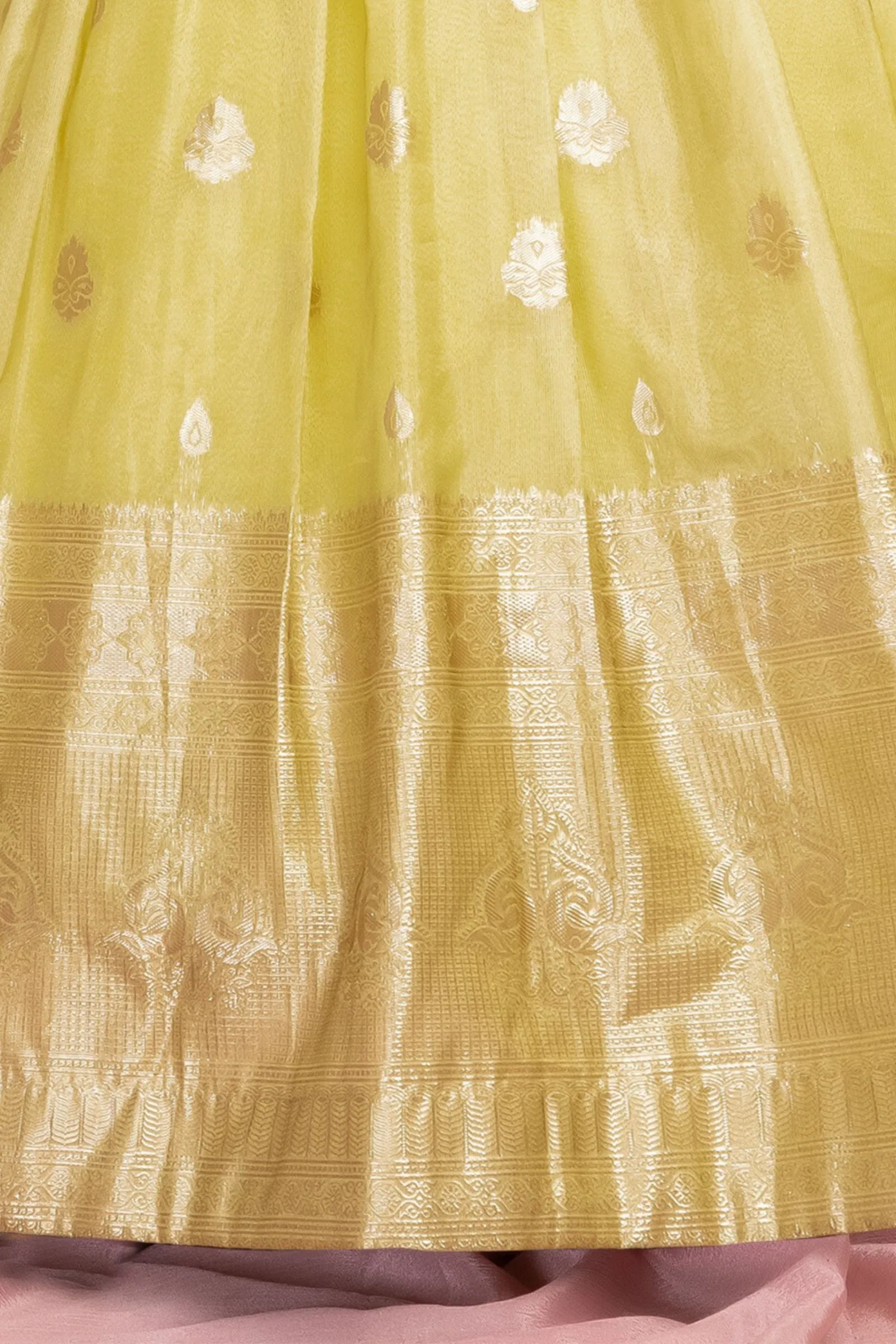 Lemon Yellow Zari, Zardozi, Sequins, Stone and Thread work Long Party Gown for Girls