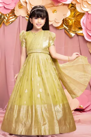 Lemon Yellow Zari, Zardozi, Sequins, Stone and Thread work Long Party Gown for Girls