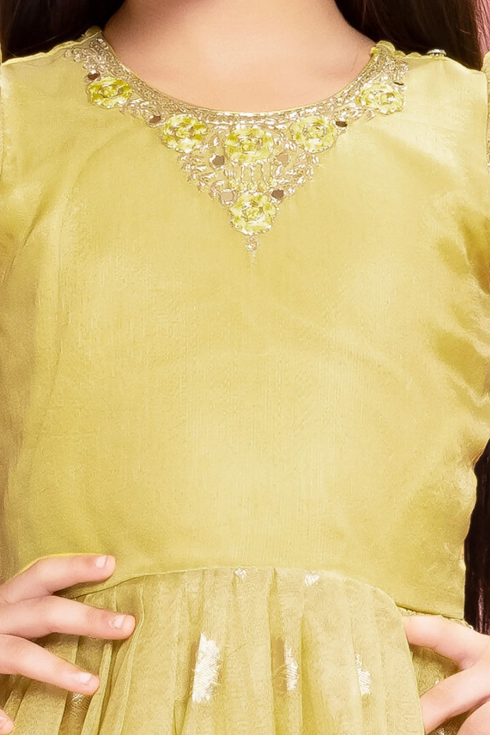 Lemon Yellow Zari, Zardozi, Sequins, Stone and Thread work Long Party Gown for Girls