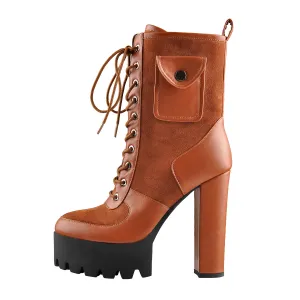 Platform Lace Up Chunky Heel Combat Mid Calf Pocket Fashion Boots